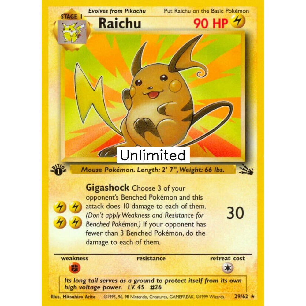 Raichu Rare 29/62 Pokemon Card Game Fossil