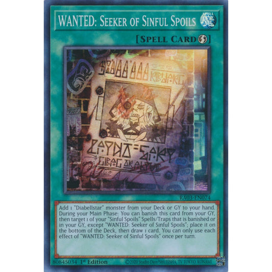 WANTED: Seeker of Sinful Spoils RA03-EN074 Platinum Platinum Secret Rare Yu-Gi-Oh Quarter Century Bonanza in Art