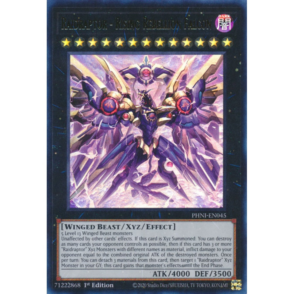 Raidraptor - Rising Rebellion Falcon PHNI-EN045 Ultra Ultra Rare Yu-Gi-Oh Phantom Nightmare in Art
