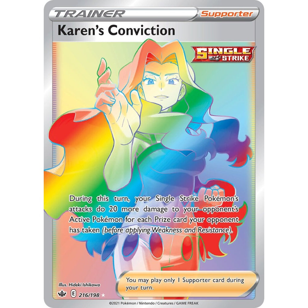 Karen's Conviction Rare Rainbow 216/198 Pokemon Card Game Chilling Reign