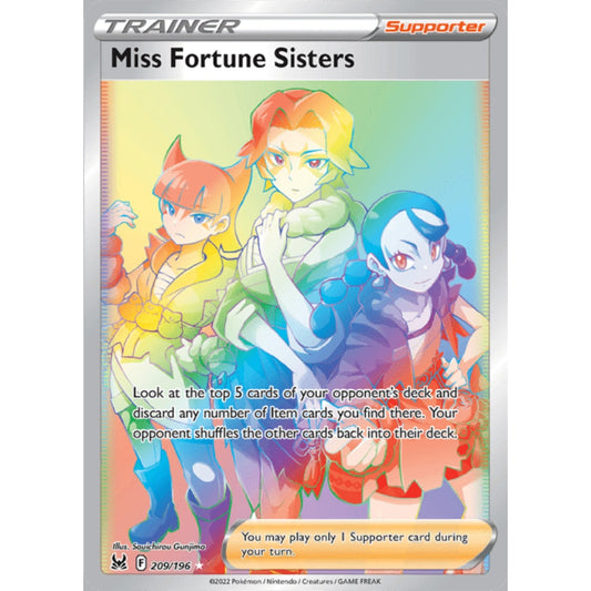 Miss Fortune Sisters Rainbow Rare 209/196 Pokemon Card Game Lost Origins